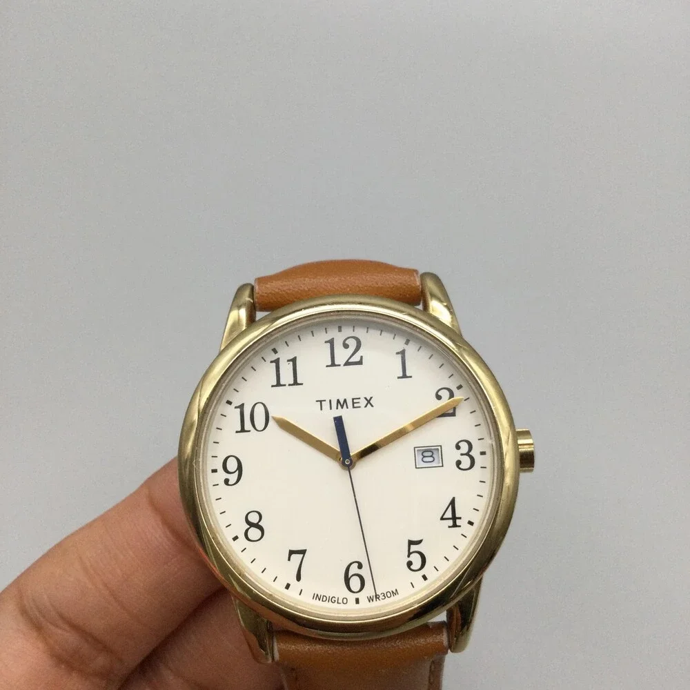 Timex Mens Watch 38mm Gold Tone Brown Leather Band Indiglo Date TW2R62700